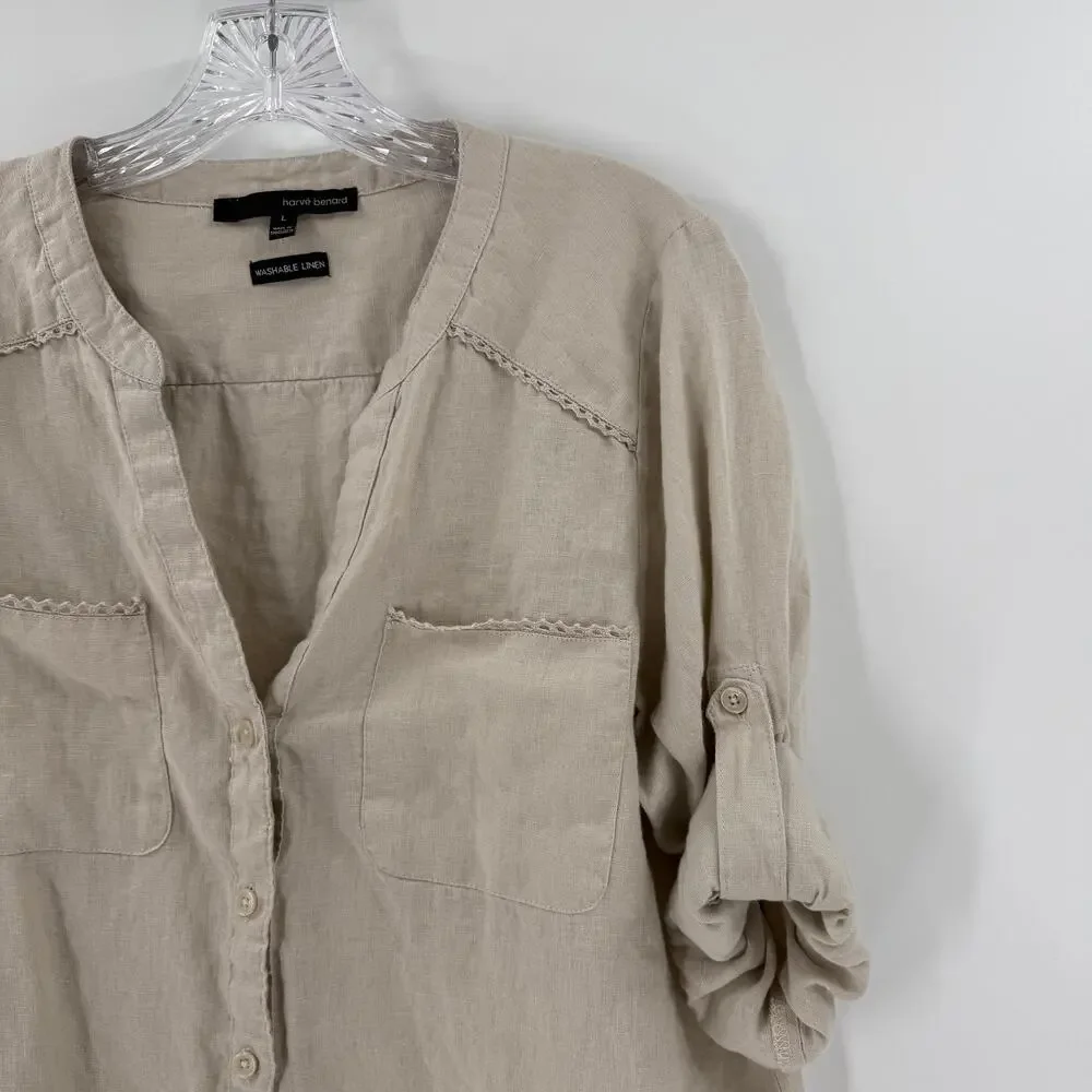 Harve Bernard 100% Linen Blouse Beige Minimalist Button Front Sz L - Picture 5 of 7